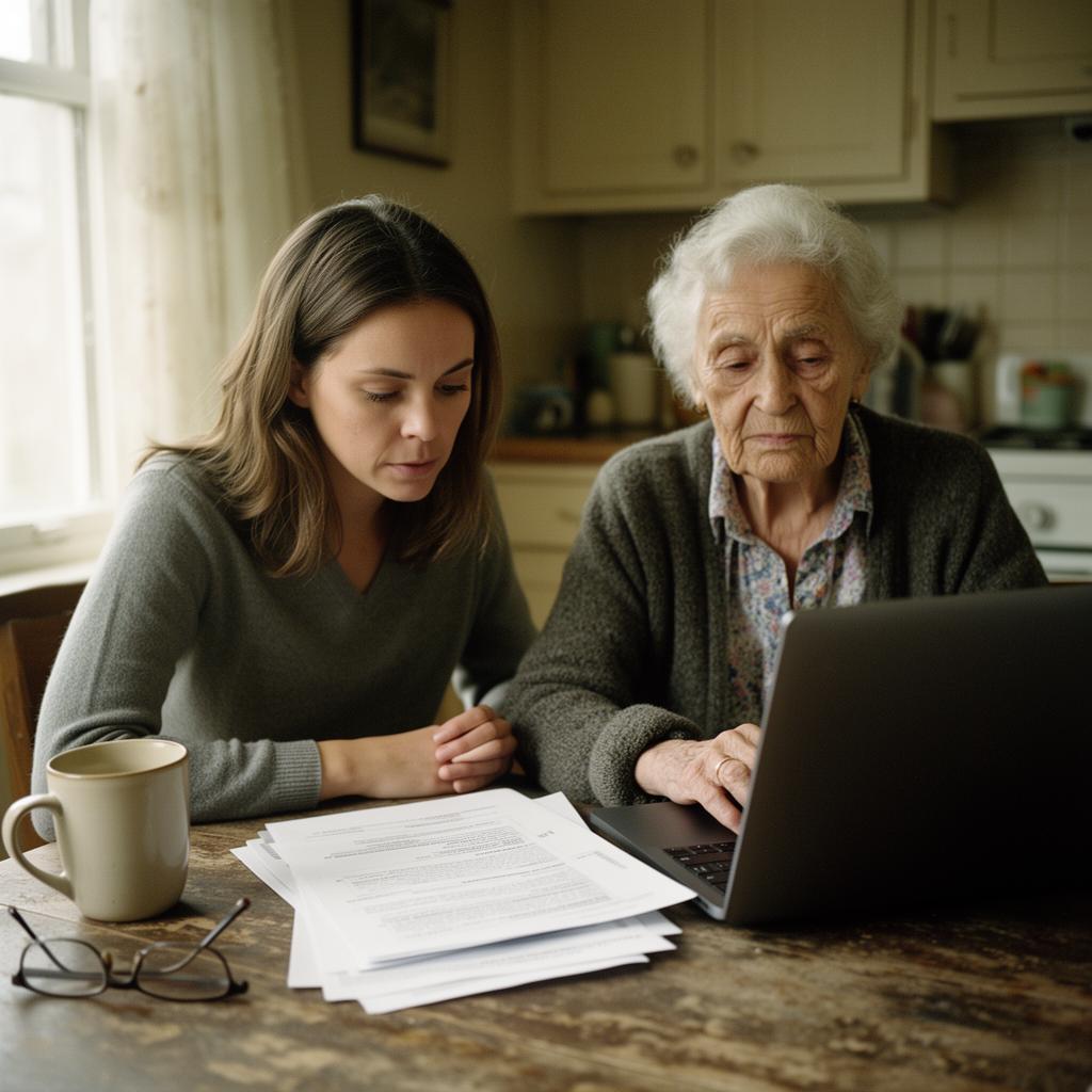 An adult daughter sitting beside her elderly mother at a kitchen table, looking together at paperwork and a laptop in soft window light.