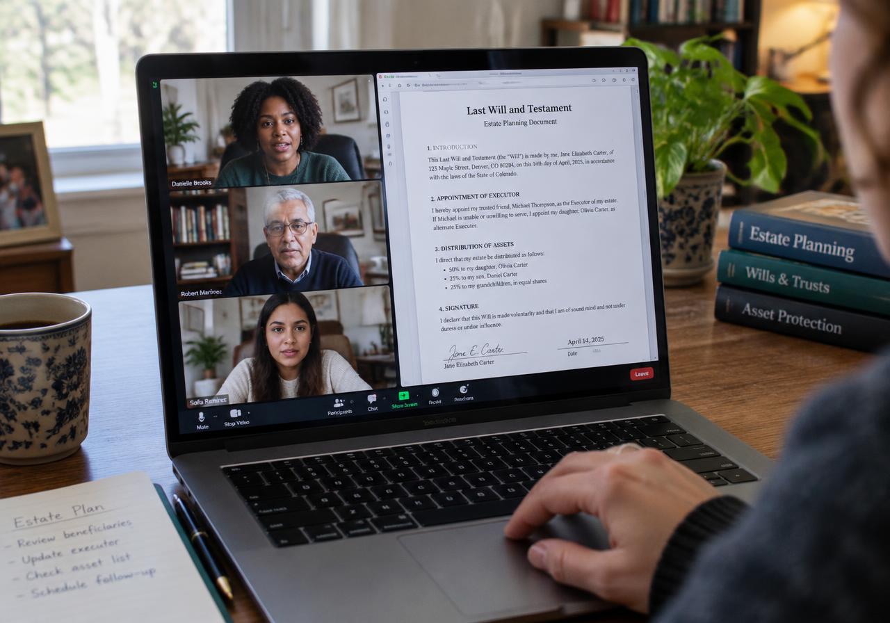 A laptop screen showing a virtual legal clinic video call with three participants and an estate planning document shared on the right side of the screen.